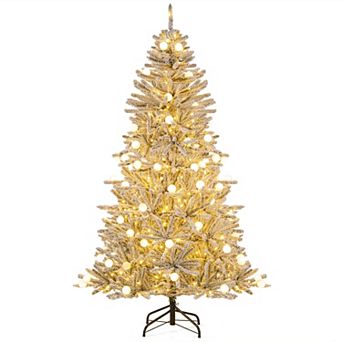 Gymax 6/7/8 FT Snow-flocked Artificial Christmas Tree w/51 Sphere Lights 250/350/450 LED Lights
