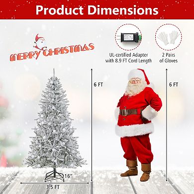 Gymax 6/7/8 FT Snow-flocked Artificial Christmas Tree w/51 Sphere Lights 250/350/450 LED Lights