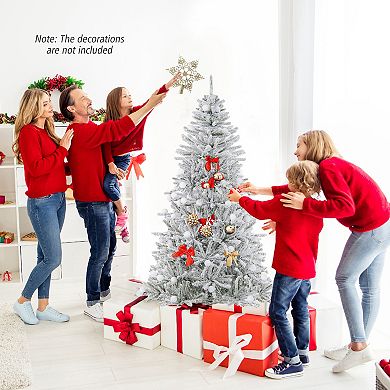 Gymax 6/7/8 FT Snow-flocked Artificial Christmas Tree w/51 Sphere Lights 250/350/450 LED Lights