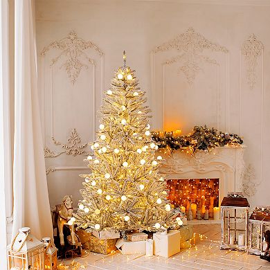 Gymax 6/7/8 FT Snow-flocked Artificial Christmas Tree w/51 Sphere Lights 250/350/450 LED Lights