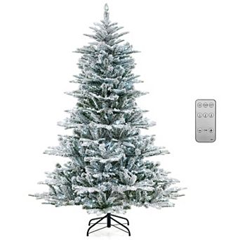 Gymax 6/7/8 FT Snow Flocked Artificial Xmas Tree w/ 661/1119/1447PVC & PE Tips 500/620/800 LEDLights