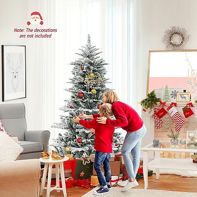 Gymax 6/7/8 FT Snow Flocked Artificial Xmas Tree w/ 661/1119/1447PVC & PE Tips 500/620/800 LEDLights