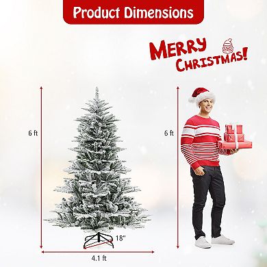 Gymax 6/7/8 FT Snow Flocked Artificial Xmas Tree w/ 661/1119/1447PVC & PE Tips 500/620/800 LEDLights