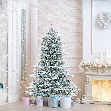 Gymax 6/7/8 FT Snow Flocked Artificial Xmas Tree w/ 661/1119/1447PVC & PE Tips 500/620/800 LEDLights