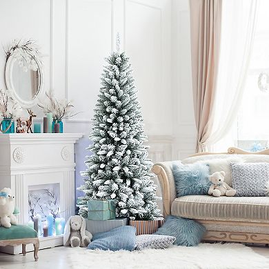 Gymax 4.5/6.5/7.5 FT Artificial Slim Christmas Tree Unlit Snow-Flocked Xmas Pencil Tree