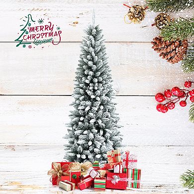 Gymax 4.5/6.5/7.5 FT Artificial Slim Christmas Tree Unlit Snow-Flocked Xmas Pencil Tree