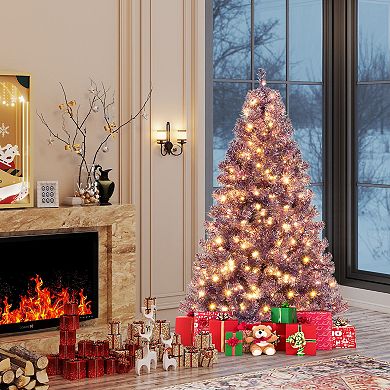 Gymax 6 FT Pre-Lit Tinsel Christmas Tree Artificial Xmas Tree w/ 688 Lush Branch Tips Deep