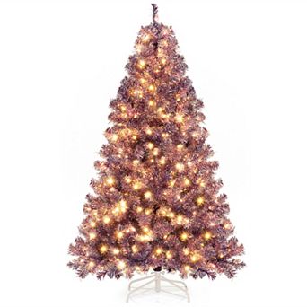 Gymax 6 FT Pre-Lit Tinsel Christmas Tree Artificial Xmas Tree w/ 688 Lush Branch Tips Deep