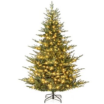 Gymax 6/7 FT Pre-Lit Artificial Christmas Tree Hinged Xmas Tree w/ 830 PVC & PE mixed Branch Tips
