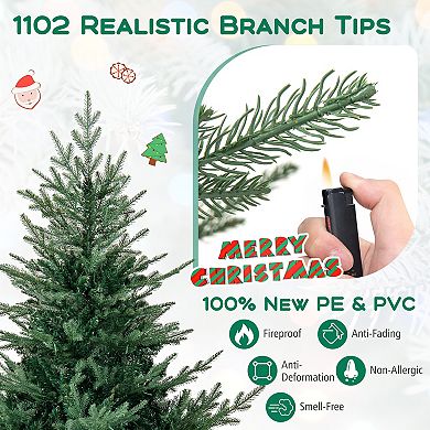 Gymax 6/7 FT Pre-Lit Artificial Christmas Tree Hinged Xmas Tree w/ 830 PVC & PE mixed Branch Tips