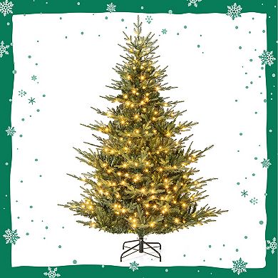 Gymax 6/7 FT Pre-Lit Artificial Christmas Tree Hinged Xmas Tree w/ 830 PVC & PE mixed Branch Tips