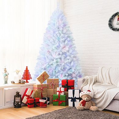 Gymax White Artificial Christmas Tree Hinged Unlit Iridescent Xmas Tree