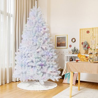 Gymax White Artificial Christmas Tree Hinged Unlit Iridescent Xmas Tree