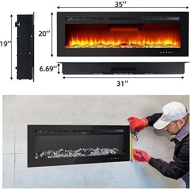 30-in Electric Fireplace Wall Mounted Ultra-Thin 12 Flame Colors Remote Black