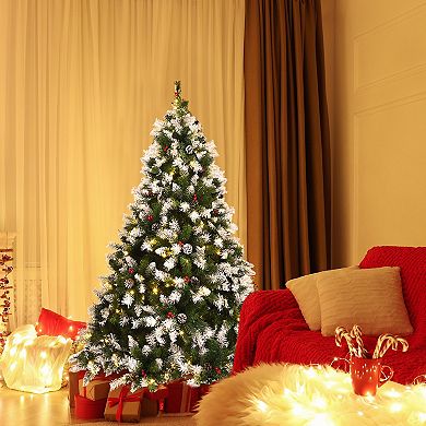 Gymax 6/7.5/9 FT Pre-lit Snow Sprayed Christmas Tree Artificial Xmas Tree w/ 8 Lighting Modes