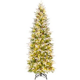 Gymax 6/7.5/9 FT Pre-Lit Artificial Christmas Tree Snow Flocked Hinged Xmas Tree