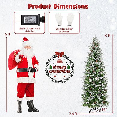 Gymax 6/7.5/9 FT Pre-Lit Artificial Christmas Tree Snow Flocked Hinged Xmas Tree