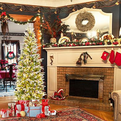 Gymax 6/7.5/9 FT Pre-Lit Artificial Christmas Tree Snow Flocked Hinged Xmas Tree