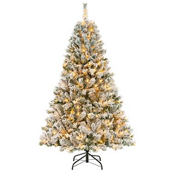 Gymax 6/7/8 FT Pre-Lit Snow-Flocked Xmas Tree 3-Minute-Setup Artificial Hinged Christmas Tree