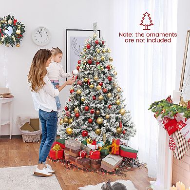 Gymax 6/7/8 FT Pre-Lit Snow-Flocked Xmas Tree 3-Minute-Setup Artificial Hinged Christmas Tree