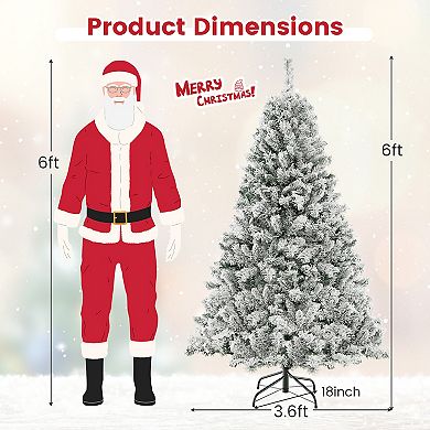 Gymax 6/7/8 FT Pre-Lit Snow-Flocked Xmas Tree 3-Minute-Setup Artificial Hinged Christmas Tree