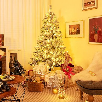 Gymax 6/7/8 FT Pre-Lit Snow-Flocked Xmas Tree 3-Minute-Setup Artificial Hinged Christmas Tree