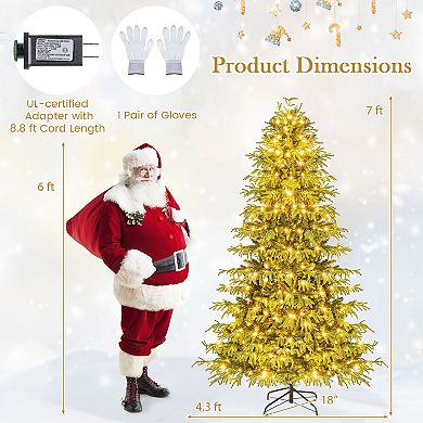 Gymax 6/7 FT Pre-Lit Artificial Xmas Tree Hinged Full Xmas Tree w/ 746 PVC & Soft TPE Branch Tips