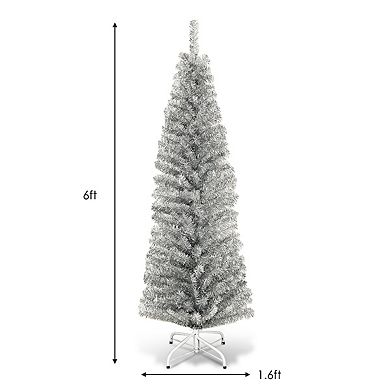Gymax 6ft Pencil Artificial Christmas Tree Electroplate Pencil Tree (Champagne/Silver/Blue)