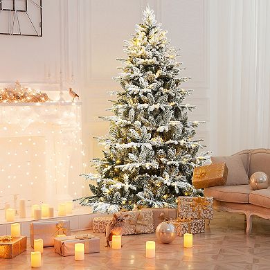 Gymax 6/7ft Snow Flocked Decoration Christmas Tree w/LED Lights & PE & PVC Tips