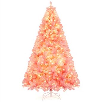 Gymax 7.5 FT Pre-Lit Tinsel Christmas Tree Artificial Xmas Tree w/ 1300 Lush Branch Tips