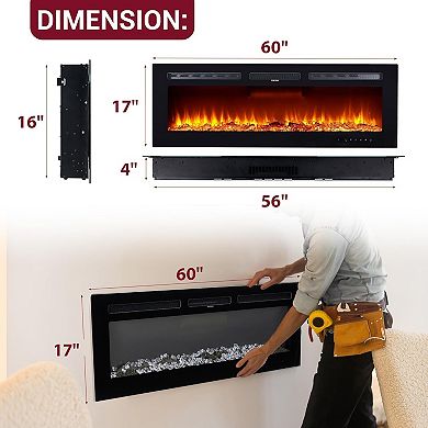 60-in Electric Fireplace Wall Mounted Recessed Remote Timer Adjustable Flame Black