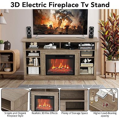 58" Farmhouse TV Stand with 1400W Heater & Storage, 23" Fireplace with 3-Level Flame