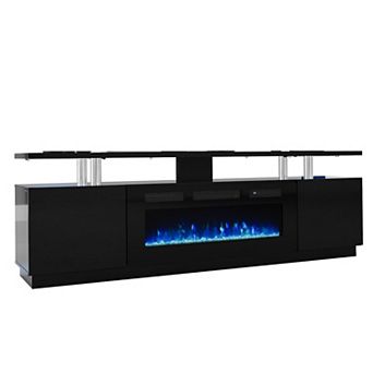 70 in TV Stand with 36 in Electric Fireplace Remote Timer Gloss Storage Black