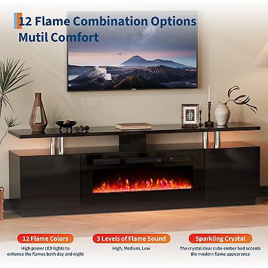 70-in TV Stand with 36-in Electric Fireplace Remote Timer Gloss Storage Black