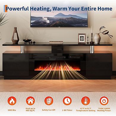 70-in TV Stand with 36-in Electric Fireplace Remote Timer Gloss Storage Black