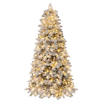 Gymax 6/7 FT Pre-Lit Artificial Xmas Tree Hinged Snow Flocked Xmas Tree w/ 616/806 Mixed Branch Tips