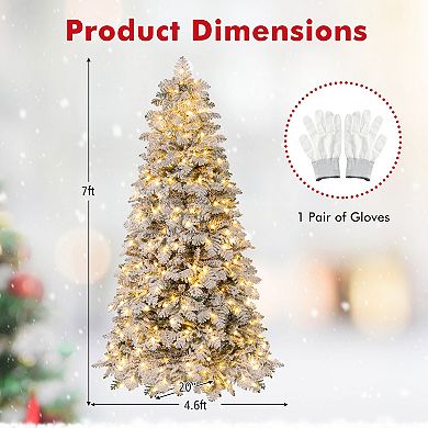 Gymax 6/7 FT Pre-Lit Artificial Xmas Tree Hinged Snow Flocked Xmas Tree w/ 616/806 Mixed Branch Tips