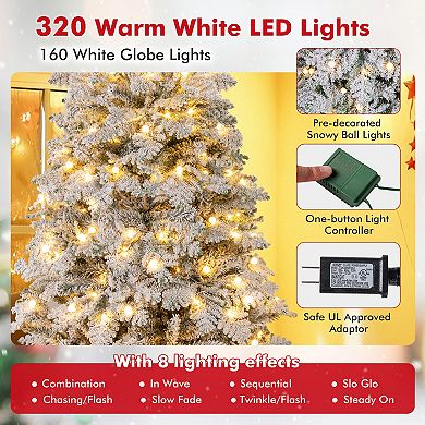 Gymax 6/7 FT Pre-Lit Artificial Xmas Tree Hinged Snow Flocked Xmas Tree w/ 616/806 Mixed Branch Tips