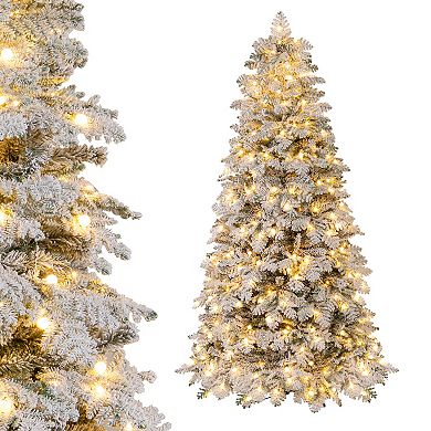 Gymax 6/7 FT Pre-Lit Artificial Xmas Tree Hinged Snow Flocked Xmas Tree w/ 616/806 Mixed Branch Tips