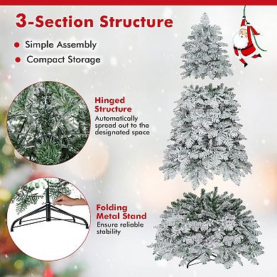 Gymax 6/7 FT Pre-Lit Artificial Xmas Tree Hinged Snow Flocked Xmas Tree w/ 616/806 Mixed Branch Tips