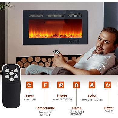 36-in Electric Fireplace Wall Mounted 12 Flame Colors Remote Timer Heater Black