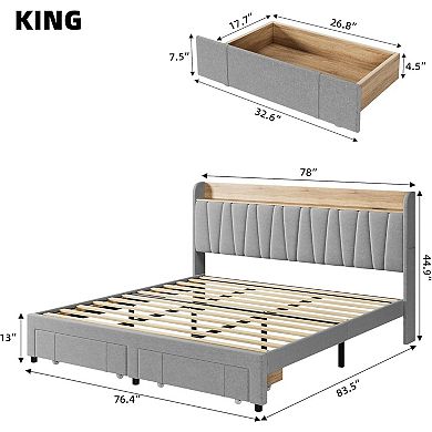 Bed Frame with Storage Drawer Upholstered Platform Bed with Charging Station and Storage Headboard