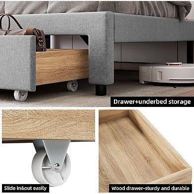 Bed Frame with Storage Drawer Upholstered Platform Bed with Charging Station and Storage Headboard