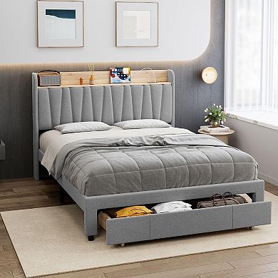 Bed Frame with Storage Drawer Upholstered Platform Bed with Charging Station and Storage Headboard