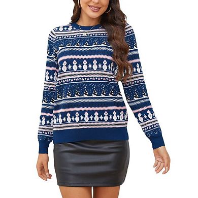 Women's Christmas Sweater Pullover Crew Neck Long Sleeve Snowflake Snowman Pattern Knitted Sweater