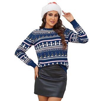 Women's Christmas Sweater Pullover Crew Neck Long Sleeve Snowflake Snowman Pattern Knitted Sweater
