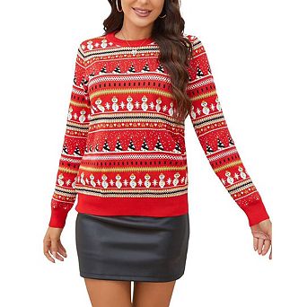 Women's Christmas Sweater Pullover Crew Neck Long Sleeve Snowflake Snowman Pattern Knitted Sweater