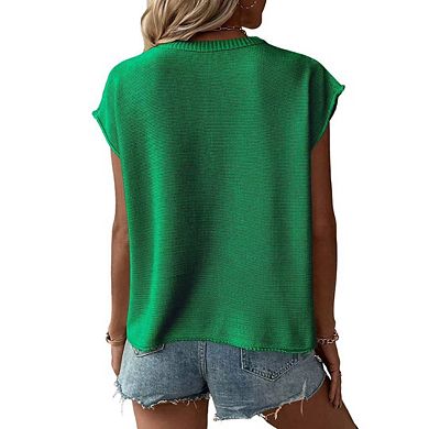 Women's Pullover Sweater Vest Crew Neck Cap Sleeve Loose Sweater Ribbed Knit Top Solid Color