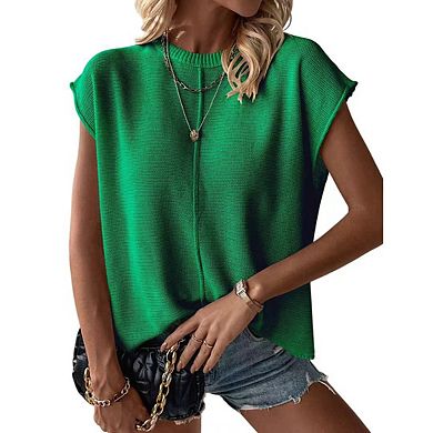 Women's Pullover Sweater Vest Crew Neck Cap Sleeve Loose Sweater Ribbed Knit Top Solid Color