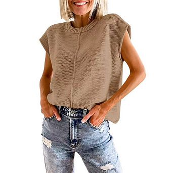 Women's Pullover Sweater Vest Crew Neck Cap Sleeve Loose Sweater Ribbed Knit Top Solid Color